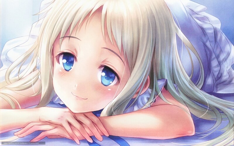 Blonde Anime Girl — Blue, Calm, Pillow, Blue Eyes