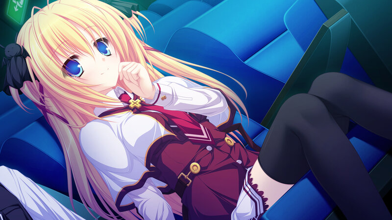 Blonde Anime Girl — Blue, Calm, School Uniform, Blue Seats