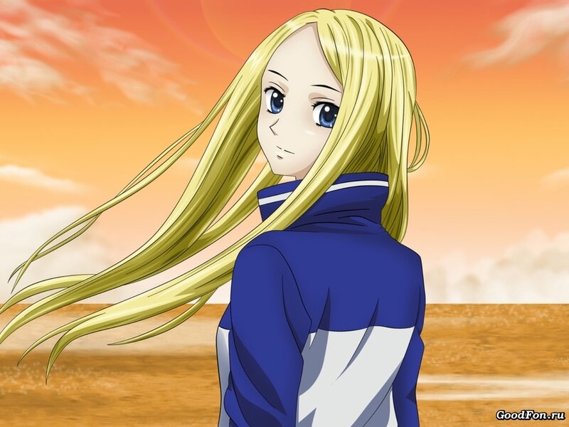 Blonde Anime Girl — Blue, Calm, Sunset
