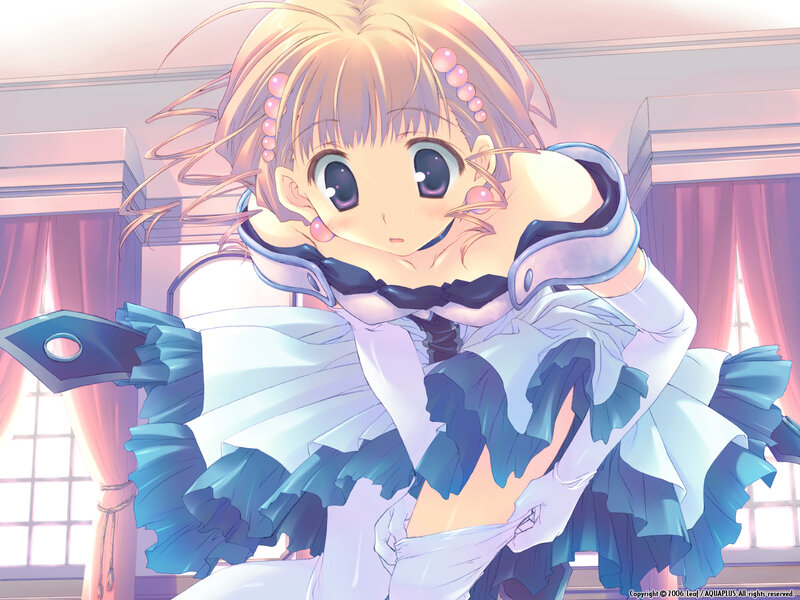 Blonde Anime Girl — Blue, Cheerful, Afternoon, Dress, Curtains