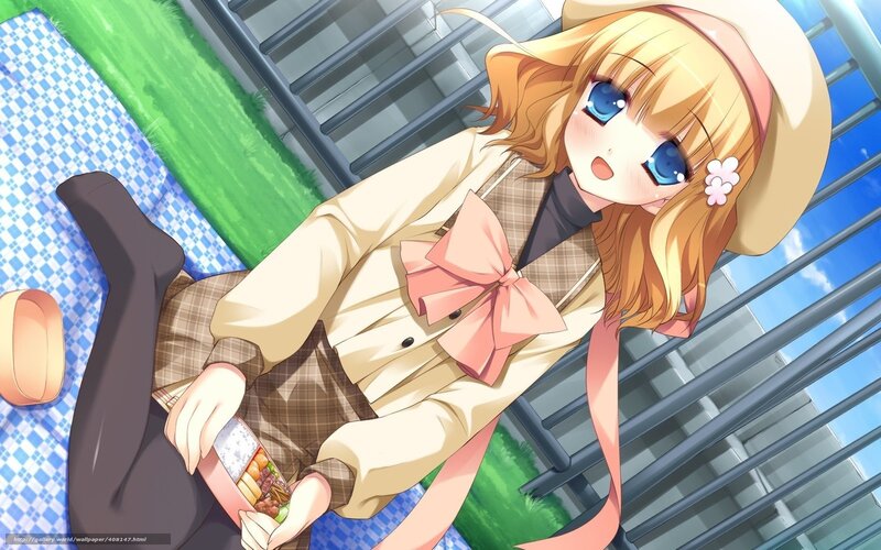 Blonde Anime Girl — Blue, Cheerful, Afternoon, Hat, Bento Box