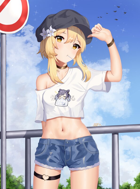 Blonde Anime Girl — Blue, Cheerful, Afternoon, Hat, T-shirt