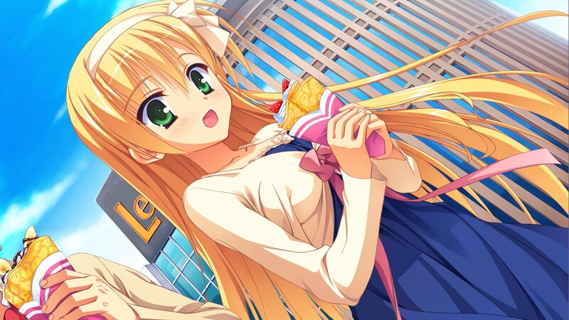 Blonde Anime Girl — Blue, Cheerful, Afternoon, Ice Cream
