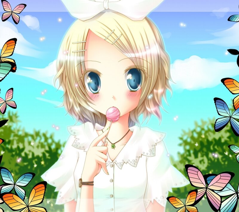 Blonde Anime Girl — Blue, Cheerful, Afternoon, Lollipop
