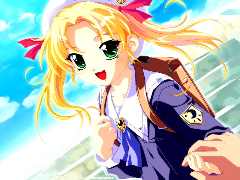 Blonde Anime Girl — Blue, Cheerful, Afternoon, School Uniform, Backpack