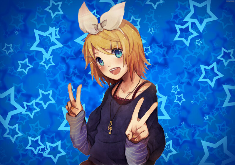 Blonde Anime Girl — Blue, Cheerful, Peace Sign