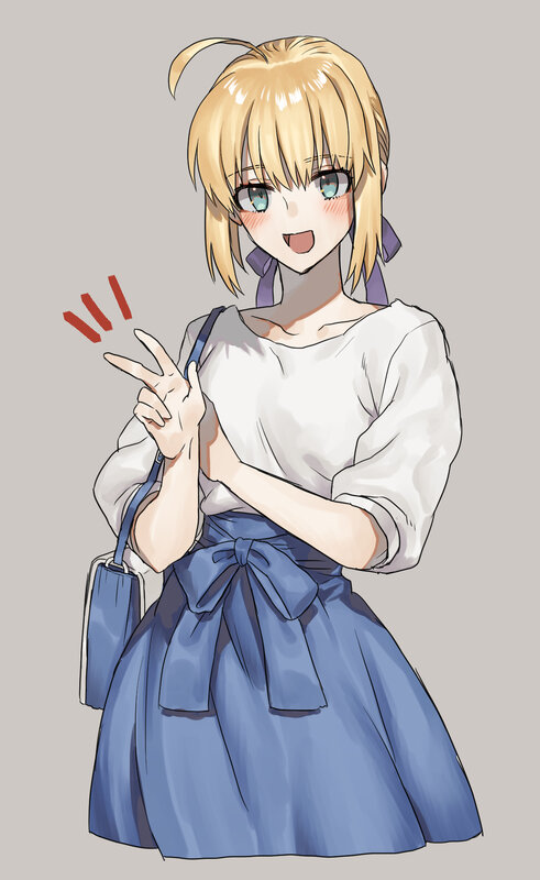 Blonde Anime Girl — Blue, Cheerful, Skirt