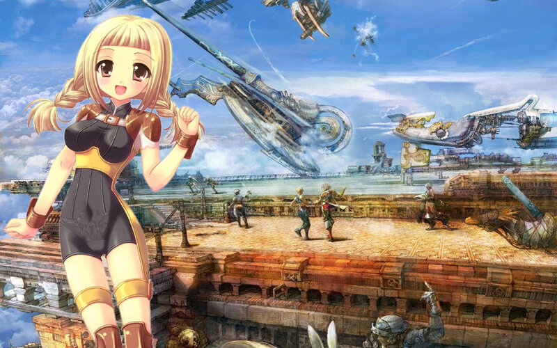 Blonde Anime Girl — Blue, Dramatic, Afternoon, Airships