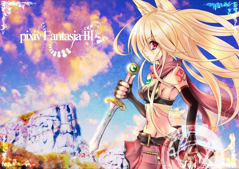 Blonde Anime Girl — Blue, Dramatic, Afternoon, Sword, Fox Ears