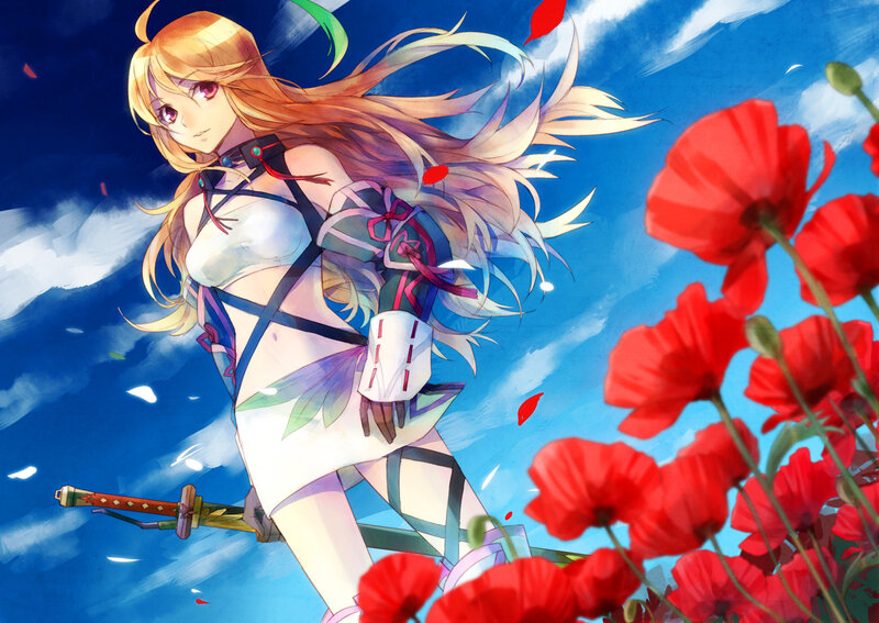 Blonde Anime Girl — Blue, Dramatic, Afternoon, Sword