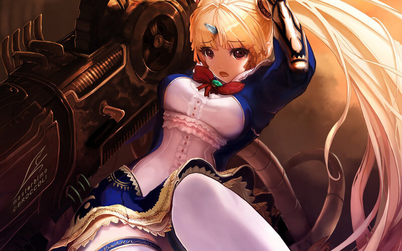 Blonde Anime Girl — Blue, Dramatic, Digital Art, Mechanical Gear