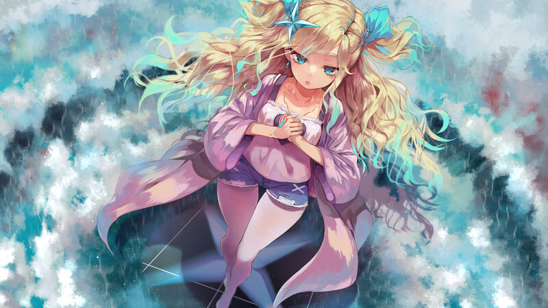 Blonde Anime Girl — Blue, Dramatic, Digital Art, Rain
