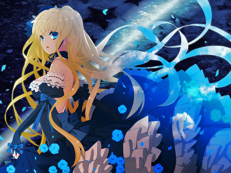 Blonde Anime Girl — Blue, Dramatic, Night, Blue Roses