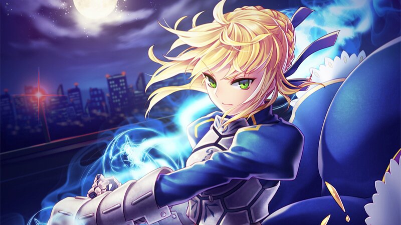 Blonde Anime Girl — Blue, Dramatic, Night, City Skyline