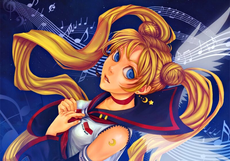 Blonde Anime Girl — Blue, Dramatic, Night, Digital Art, Music Notes