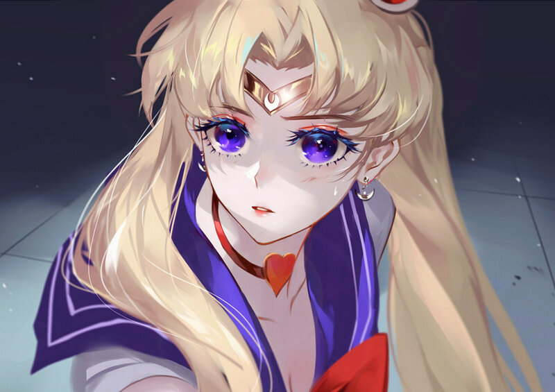 Blonde Anime Girl — Blue, Dramatic, Night, Digital Art, Purple Eyes