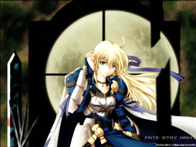 Blonde Anime Girl — Blue, Dramatic, Night, Moon, Sword