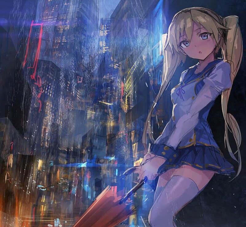 Blonde Anime Girl — Blue, Dramatic, Night, Rain, Cityscape