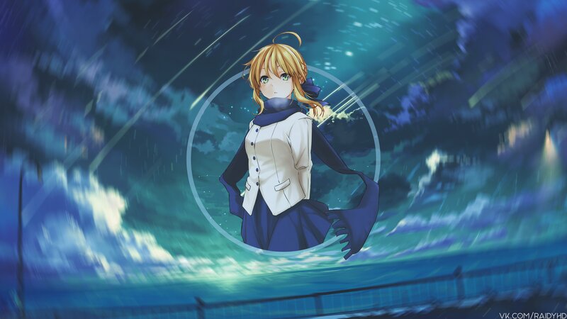 Blonde Anime Girl — Blue, Dramatic, Night, Rain, Night Sky