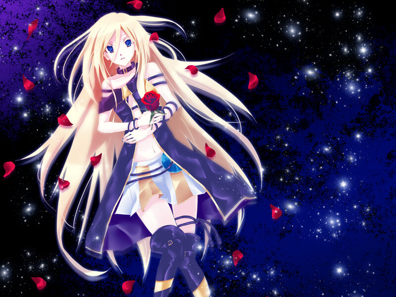 Blonde Anime Girl — Blue, Dramatic, Night, Rose