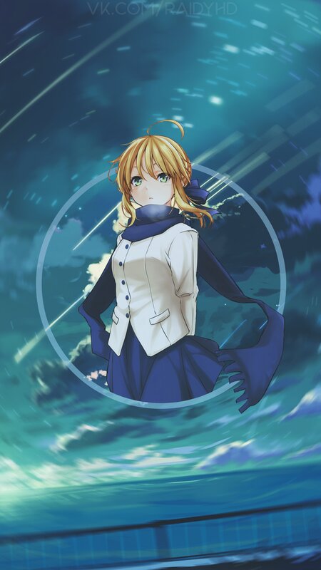 Blonde Anime Girl — Blue, Dramatic, Night, Scarf, Uniform