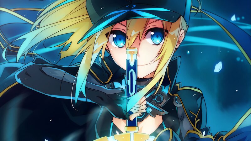 Blonde Anime Girl — Blue, Dramatic, Night, Sword, Hat