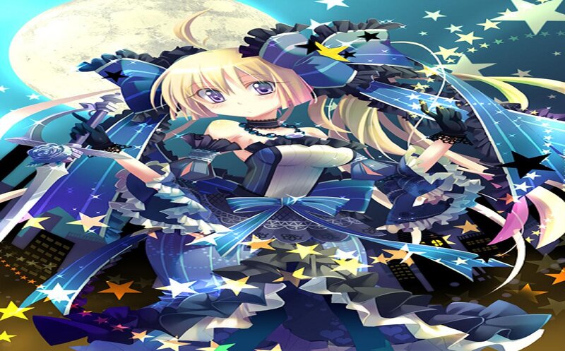 Blonde Anime Girl — Blue, Dramatic, Night, Sword, Moon