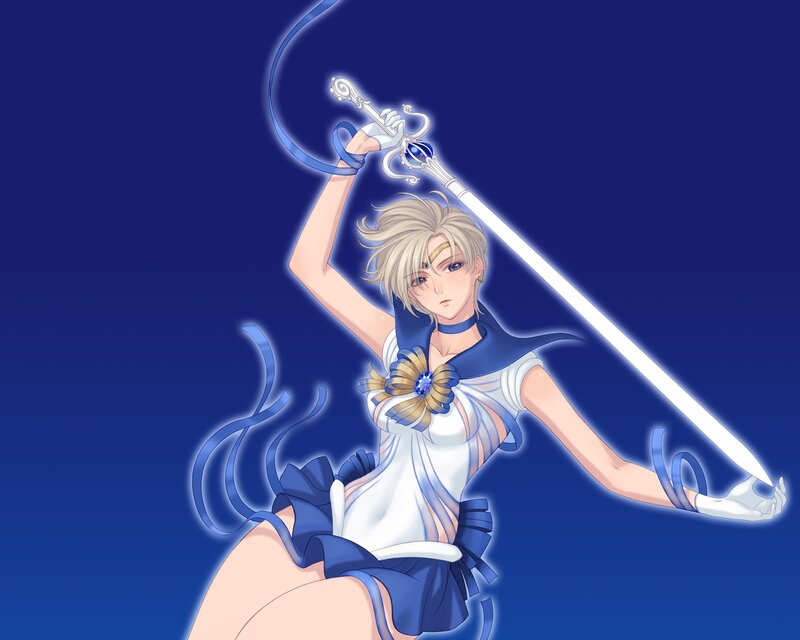 Blonde Anime Girl — Blue, Dramatic, Night, Sword, Ribbon