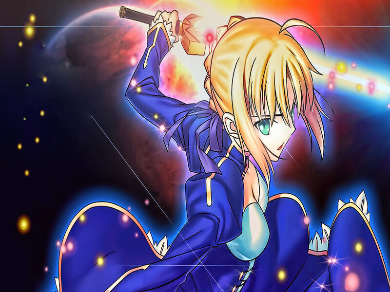 Blonde Anime Girl — Blue, Dramatic, Night, Sword, Space