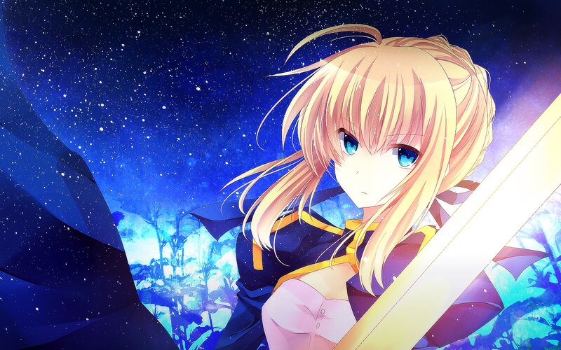 Blonde Anime Girl — Blue, Dramatic, Night, Sword