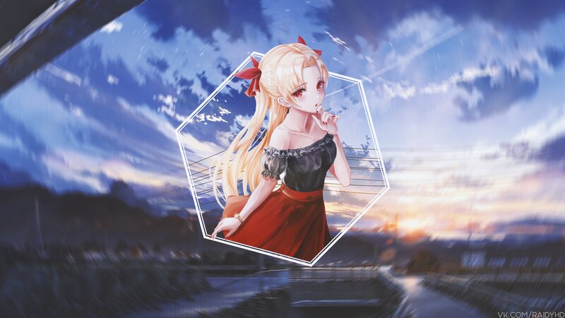 Blonde Anime Girl — Blue, Dramatic, Sunset, Dress