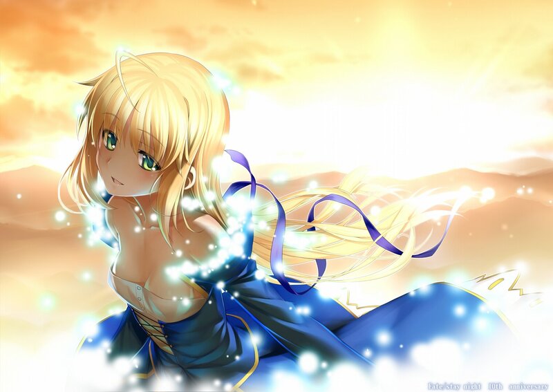 Blonde Anime Girl — Blue, Dramatic, Sunset, Ribbons
