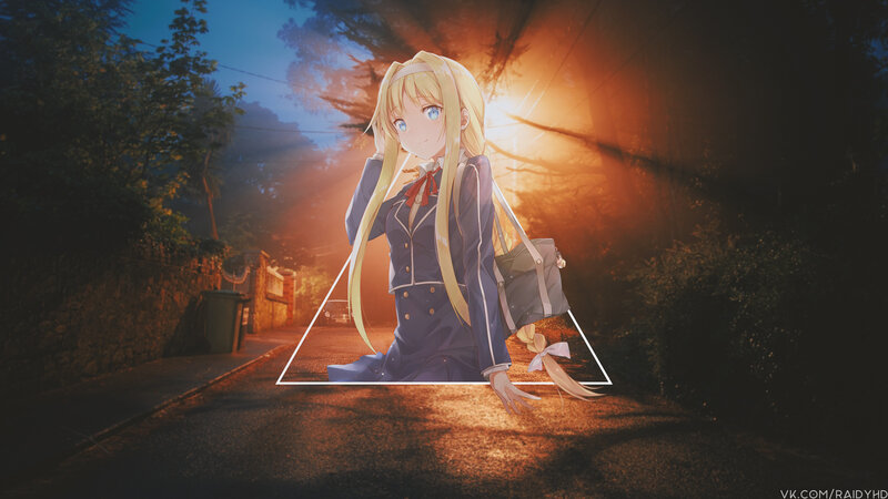 Blonde Anime Girl — Blue, Dramatic, Sunset, School Uniform, Backpack