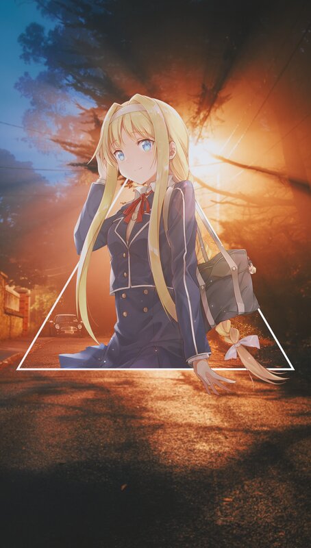 Blonde Anime Girl — Blue, Dramatic, Sunset, School Uniform