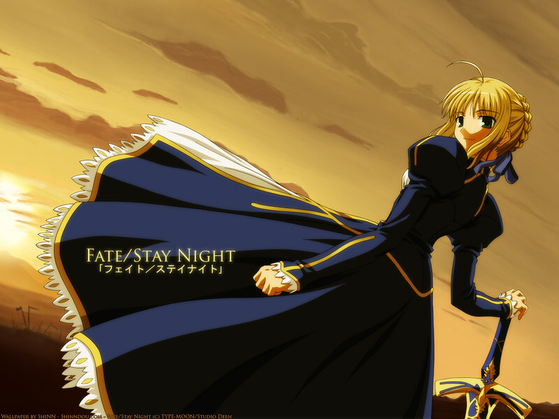 Blonde Anime Girl — Blue, Dramatic, Sunset, Sword