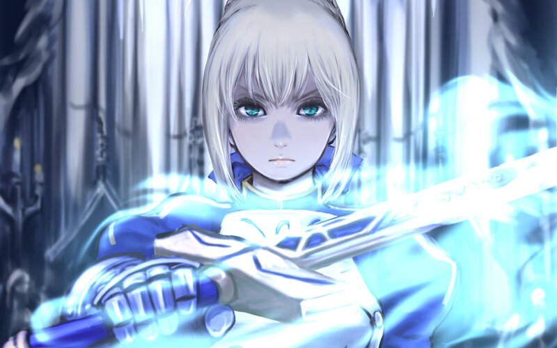 Blonde Anime Girl — Blue, Dramatic, Sword, Blue Armor