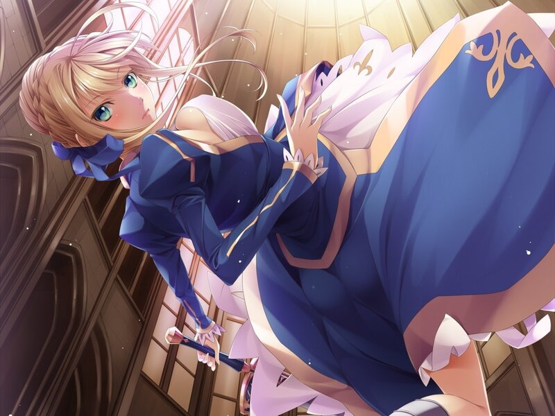 Blonde Anime Girl — Blue, Dramatic, Sword, Castle
