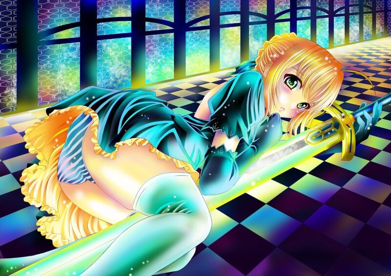 Blonde Anime Girl — Blue, Dramatic, Sword, Checkered Floor