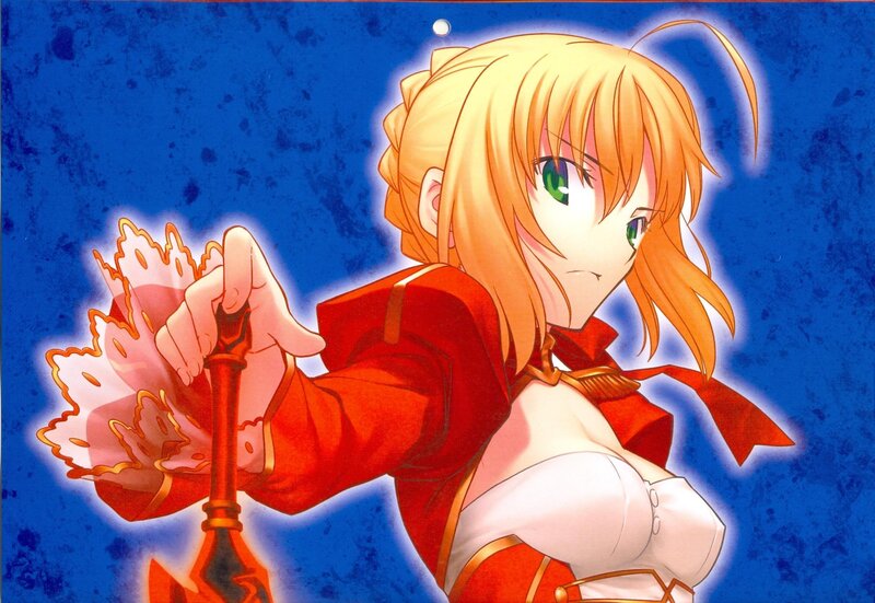 Blonde Anime Girl — Blue, Dramatic, Sword, Magic, Red Outfit