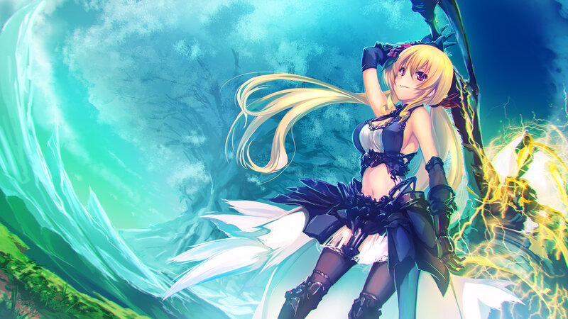 Blonde Anime Girl — Blue, Dramatic, Wings, Lightning