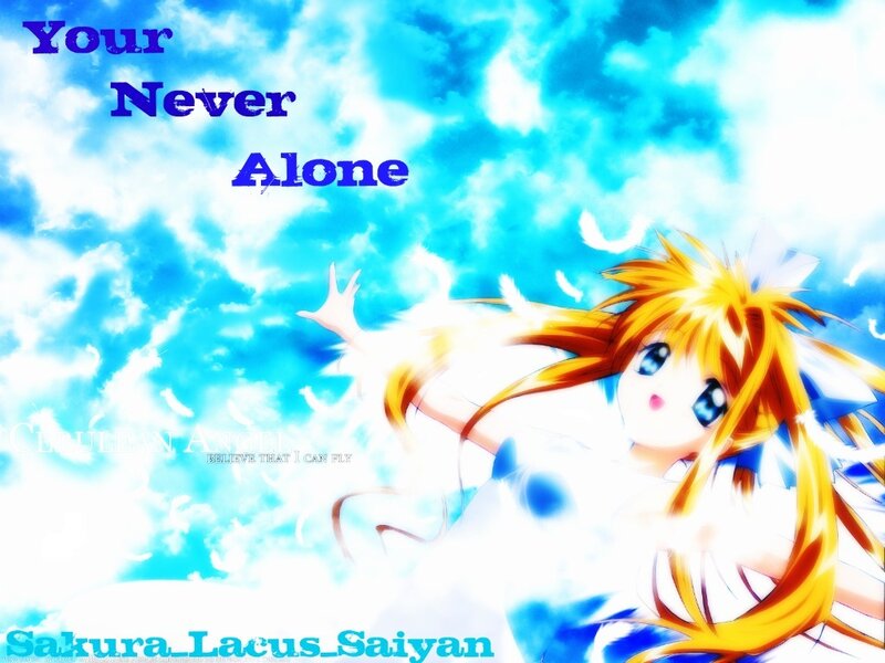 Blonde Anime Girl — Blue, Dreamy, Clouds, Text