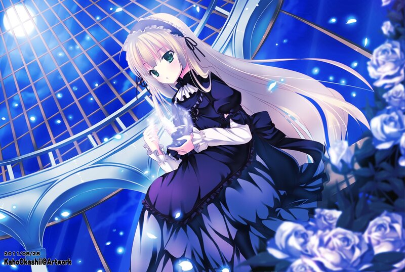 Blonde Anime Girl — Blue, Dreamy, Night, Dress