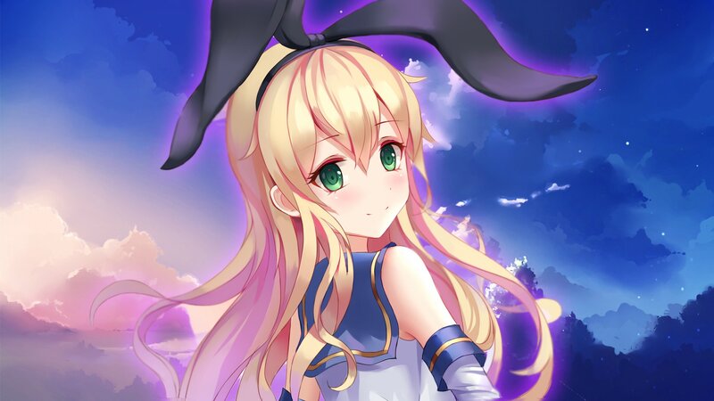 Blonde Anime Girl — Blue, Dreamy, Night, Green Eyes