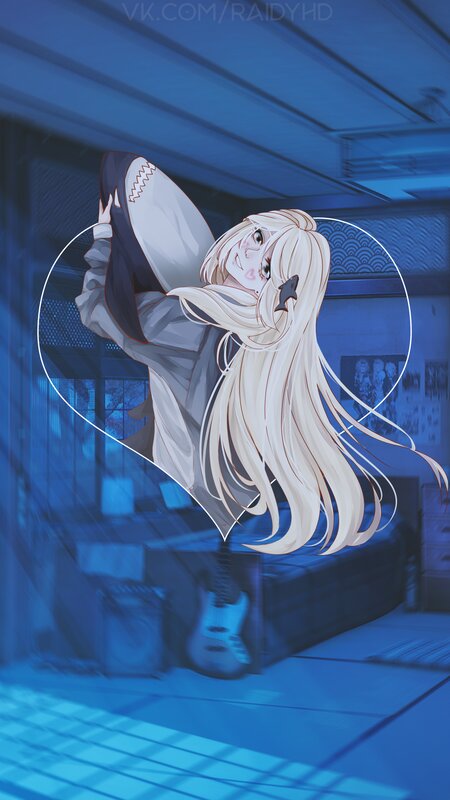 Blonde Anime Girl — Blue, Dreamy, Night, Guitar