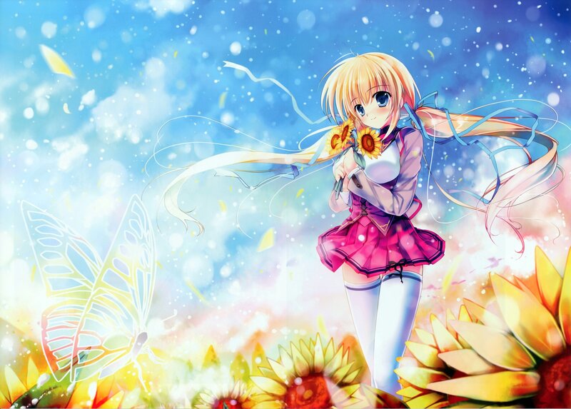 Blonde Anime Girl — Blue, Dreamy, Summer, Sunflowers