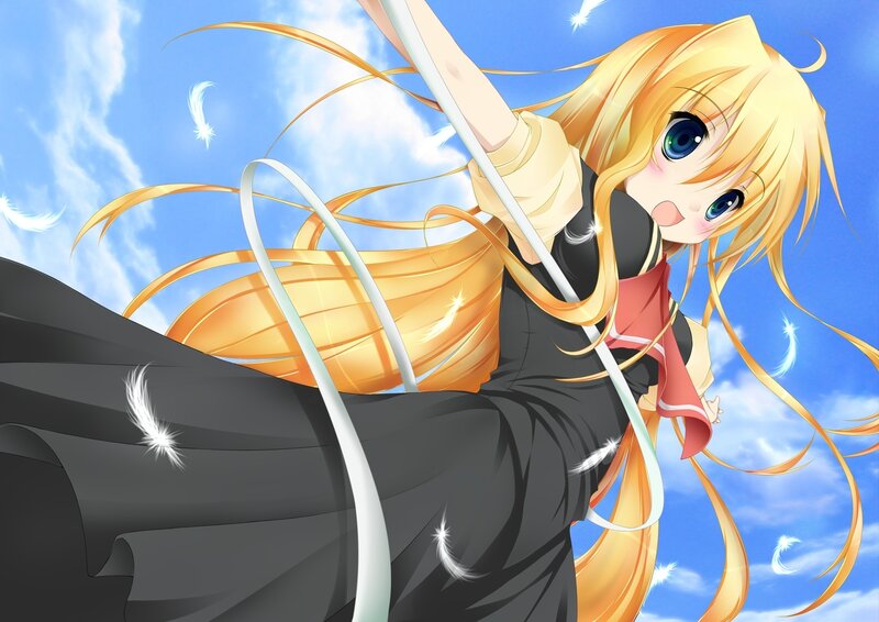 Blonde Anime Girl — Blue, Dynamic, Afternoon, Feathers