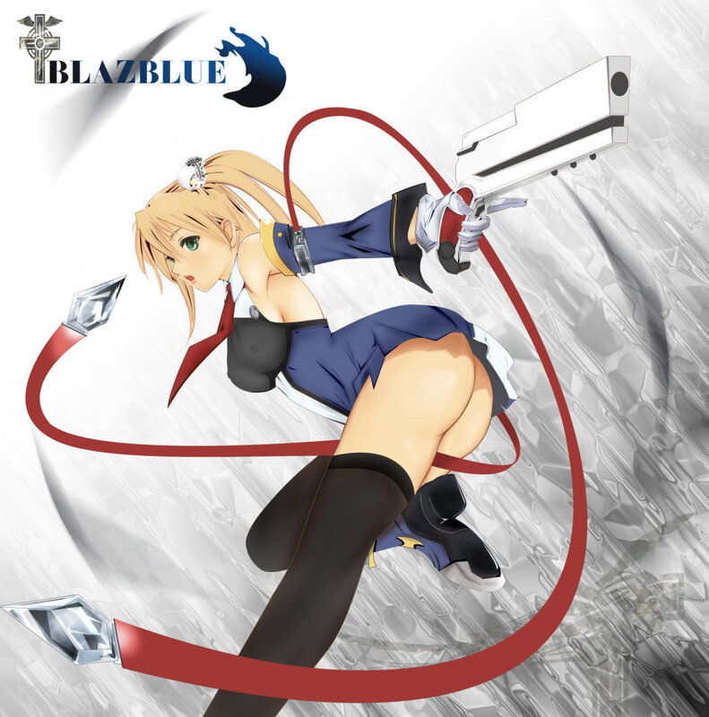 Blonde Anime Girl — Blue, Dynamic, Gun, Ribbon, School Uniform