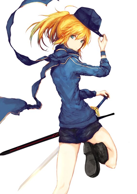 Blonde Anime Girl — Blue, Dynamic, Sword, Hat