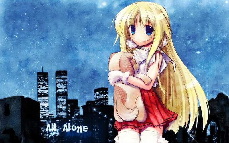 Blonde Anime Girl — Blue, Melancholic, Night, City Skyline