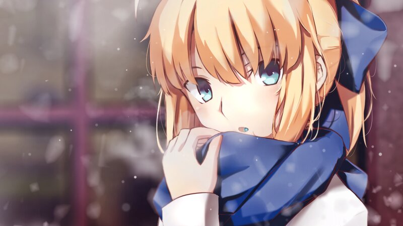 Blonde Anime Girl — Blue, Melancholic, Winter, Scarf